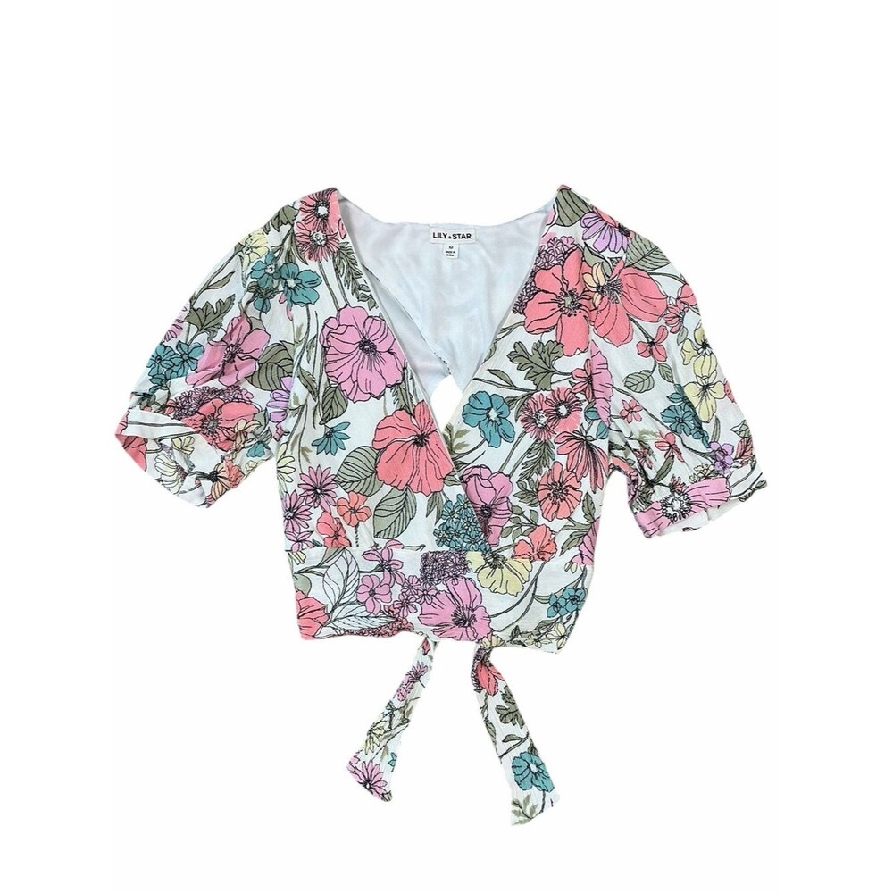 Lily Star Floral Tie Back Crop Top Size Medium Boho Cottagecore Blouse